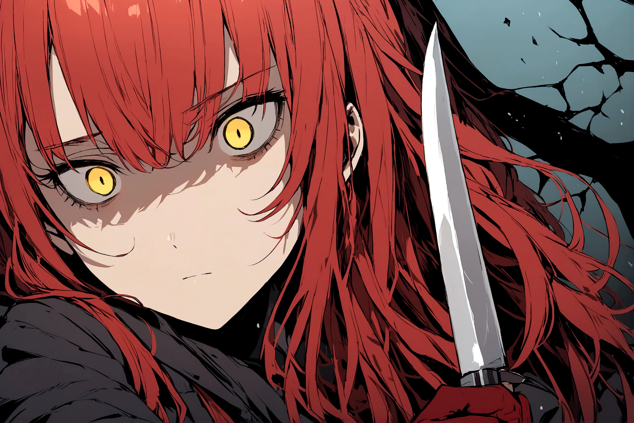 Red-haired girl, Yellow eyes, cold and dead eyes, holding a knife