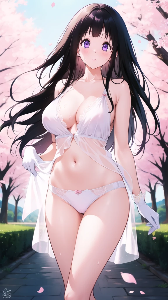 Amazing Chitanda, There is only one beautiful girl,Purple Eyes, Black Hair, Very red face,Very white skin,Glowing skin,Skin as delicate as porcelain,Naturally straight hair, Straight bangs,Extremely refined,Open lips,Long flowing hair,Beautiful Girl, Like a dream,Slim,Slim waist,Soft, (Sensual), (Kawaii), Dream quality,Beautiful big breasts,Sheer loose dress,Areola,Completely naked,Lower edge of breast,White gloves,Flower decoration,Deep V neckline,Loose neckline,White lace-up,Wide neckline,Walking in school,Place your hands on your inner thighs,Thighs clamp hands,Wet skin,Sweaty and sweaty,Sweating all over,Underwear Rain,Next to the cherry blossom trees,Back to,Lean over,Hips,Side body,Gluteal groove,Completely naked的臀部,Bare back,Completely naked的背部,Light transmission,(no pants),nopan,pussy juice,Bare shoulders,There are no shoulder straps,Bare neck,Exposed collarbone,Exposing breasts,Exposing breasts侧面,Exposing breasts下面,Show your waist,Show your buttocks,Show your thighs,Exposing the groin,(No pants),extremely shy,Ultra-high resolution, (masterpiece:1.2, best quality), (Delicate and beautiful eyes: 1.2), (Beautiful and delicate face)