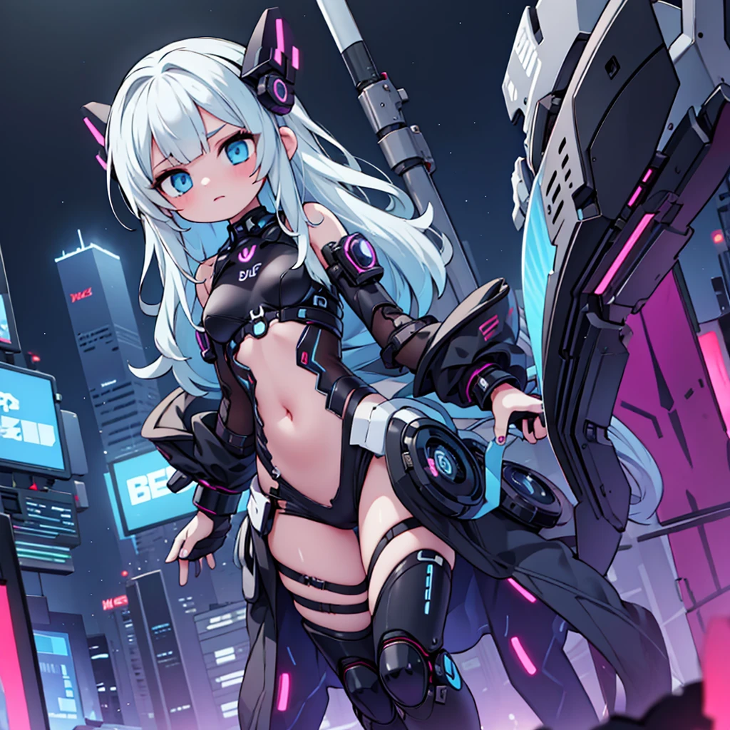 View from below, angle from below Girl Android mechanical prosthetics demonic gloomy with long blue hair woman with sexy hips half cyborg modification Beautiful sad girl blue eyes stands in full growth Anime Style black background Cyberpunk style, black background image of night black city and blue neon lights fluorescent lamps