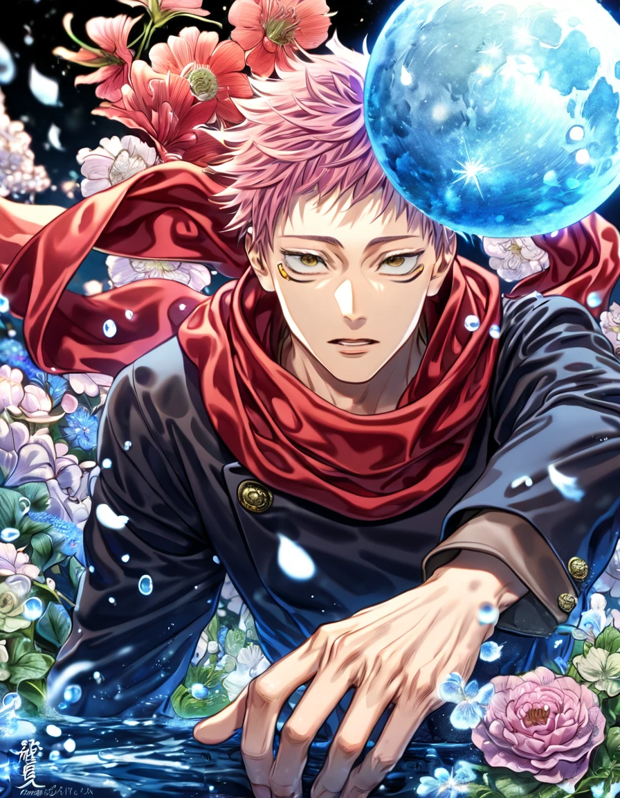 absurdres, highres, ultra detailed, HDR, master piece, Itadori Yuji, pink hair, short bangs, expressive brown eyes, black shirt, red scarf, Jujutsu Kaisen, man, handsome, best quality, blue moon, flowers, fantasy, magical, solo, water, blue shining fireflies, blue petals, Jujutsu Kaisen uniform