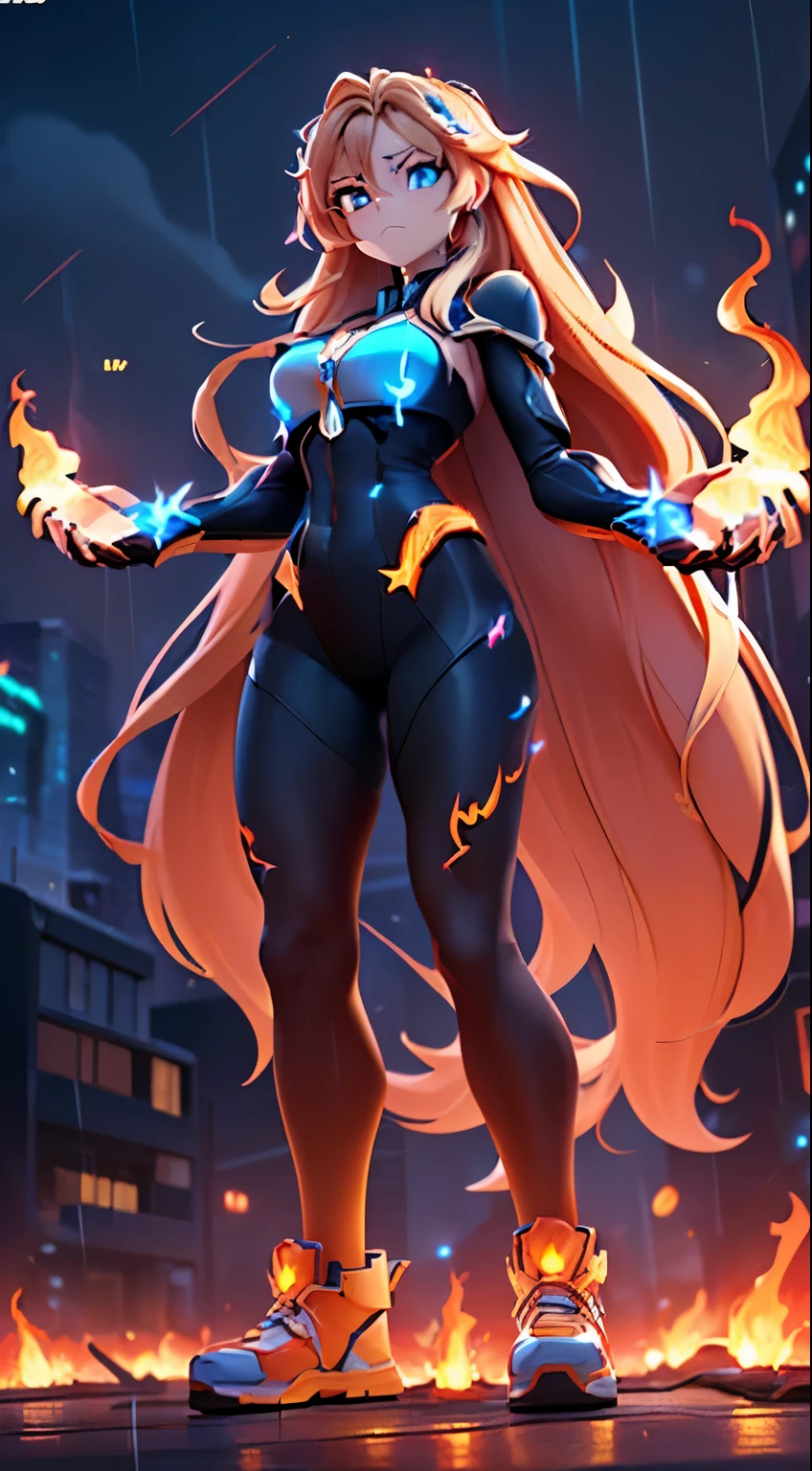 (Dynamic Angle:1.4), ((Full body posing:1.5), (Colorful:1.2), (Highly detailed CG Unity 16K wallpaper:1.1), (Denoising strength: 1.45), (tmasterpiece:1.37), ((Official art)), of the highest quality, (Realistic), Green Cyber Girl, 2 head body,Deformed Character,cute expression, (Super long hair:1.6),voluminous hair,Hair in motion,Golden hair,Glowing eyes,(blue eyess:1.2), wires, (LED:1.3), (a hologram:1.2), ((Flames from the hands:1.5)),((have difficulty with:1.5)),futuristic city street, Neon light, Skyscrapers, (Night:1.2), (Rain:1.2), (Rainbow Model:1.2), 8K resolution, (Anime style:1.3), Cinematic lighting, chromatic abberation, spark of light, Ray tracing, blending, ultra wide-angle, Hasselblad, (masutepiece), (masutepiece), ((Best Quality)), ((masutepiece)), nffsw