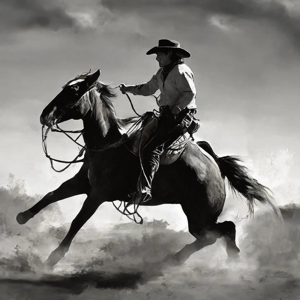 A cowboy riding a horse, black and white, 2d