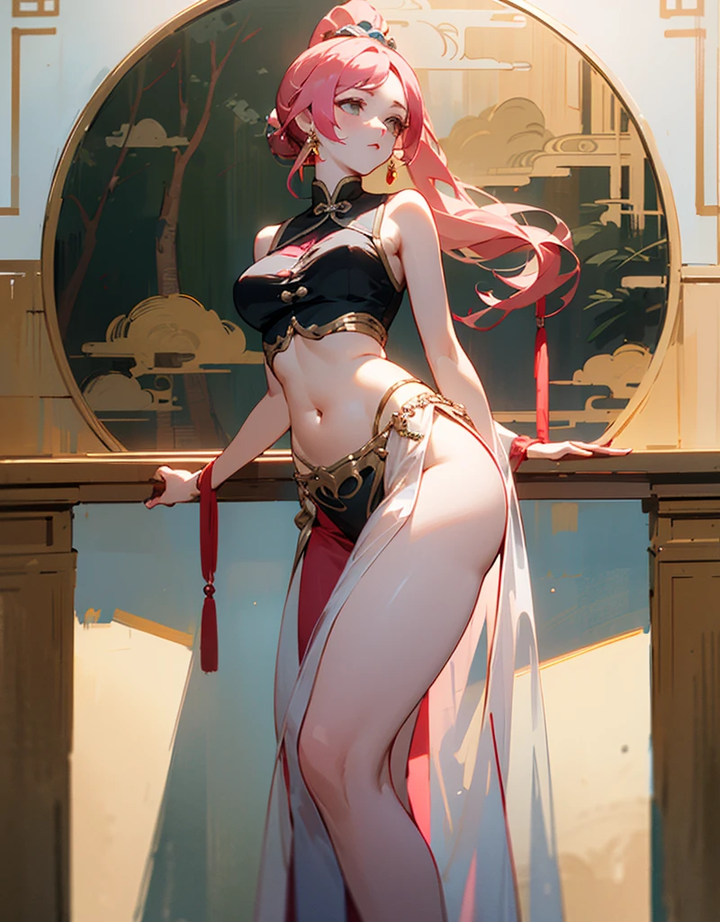 ((best quality)), ((masterpiece)), (detailed), young lady, medium breasts, standing straight, long ponytail, pink transparent sheer belly dancer clothes, sleeveless, , exposed midriff low neckline, no panty, strapless, standing in Chinese castle, heavy jewelry, classical painting style,
