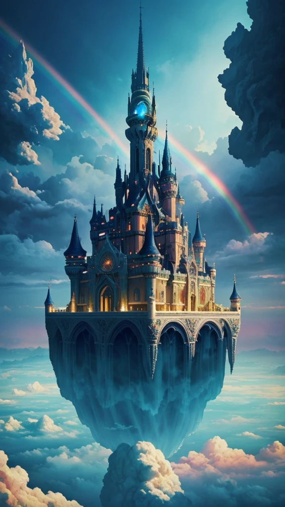 Castle in the clouds floating in the sky in surrealism painting style, ethereal sky rainbow color palette, majestic architecture, grand and glowing, dreamy atmosphere, otherworldly beauty, expansive view, deep perspective, Salvador Dali style, surrealistic painting, colorful rainbow palette, unreal world 