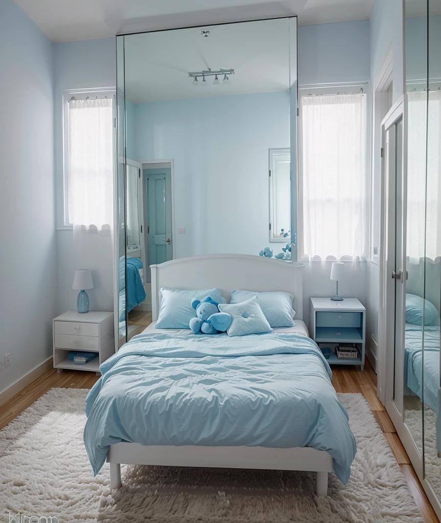 a blue lighted room with a glass window a big soft bed with a teddy bear,un closet ,a white dresser and a television and a large mirror
