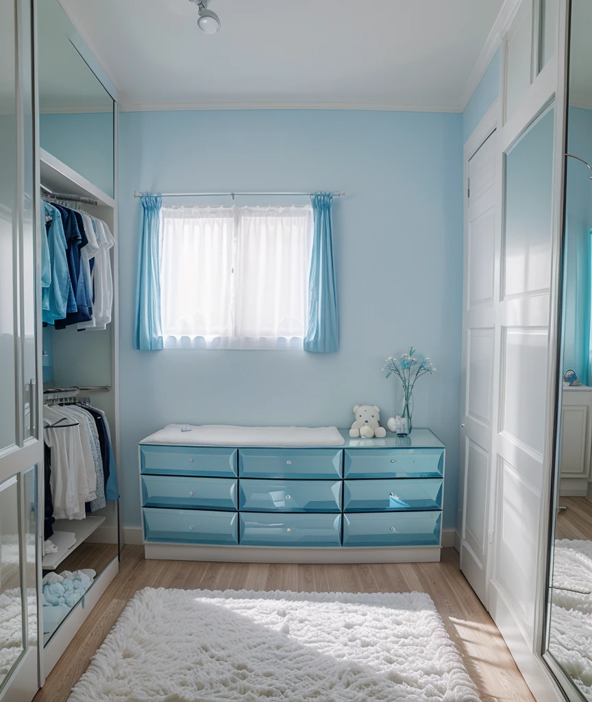 a blue lighted room with a glass window a big soft bed with a teddy bear,un closet ,a white dresser and a television and a large mirror