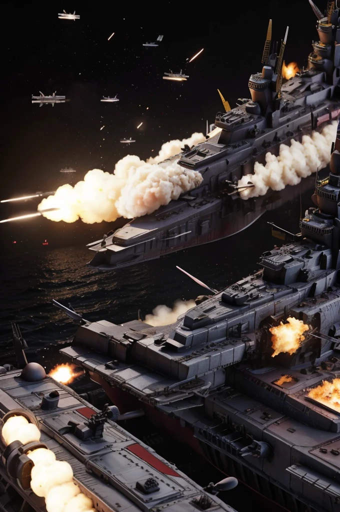 a spread of missiles slamming into the side of a battleship that is venting explosions and fire, masterpiece, best, photo realistic ship combat