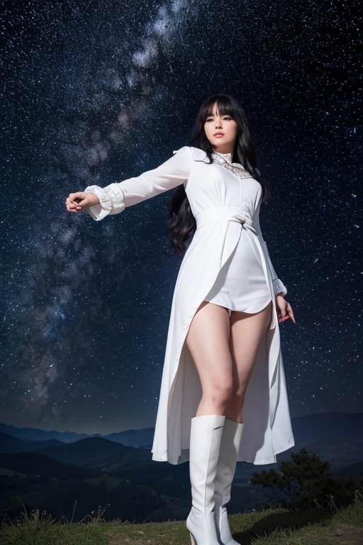 Beautiful and elegant、 Standing under the stars on a monastery balcony, Action Photography, Dynamic Angle (Ultra-detailed, First Job, Better Quality), rosto Ultra-detailed (Ultra-detailed, First Job, Better Quality), Ultra Feminine, (Clear Skin: 1,3), Wavy Hair, Dynamic eye color, Cold Eyes, Bright Eyes, Intense eyes, dark red lips, [dam], Wearing black (Ultra-detailed, First Job , Better Quality), Wearing a white cloak (Ultra-detailed, First Job, Better Quality), Kapa Longa, Flowing Cape (Ultra-detailed, First Job, Better Quality), Wearing high-heeled boots, The background is a starry sky, two, Action Photography, Advanced Details, Better Quality, 16K, [Ultra-detailed], First Job, Better Quality, (Ultra-detailed), whole body, Ultra Wide Angle Photography, Photorealism, Dark Fantasy Art, Dark Fantasy Art, Many Stars, Dark Fantasy Art, Feeling fear. 