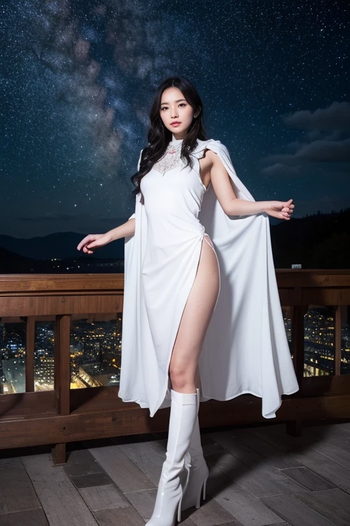 Beautiful and elegant、 Standing under the stars on a monastery balcony, Action Photography, Dynamic Angle (Ultra-detailed, First Job, Better Quality), rosto Ultra-detailed (Ultra-detailed, First Job, Better Quality), Ultra Feminine, (Clear Skin: 1,3), Wavy Hair, Dynamic eye color, Cold Eyes, Bright Eyes, Intense eyes, dark red lips, [dam], Wearing black (Ultra-detailed, First Job , Better Quality), Wearing a white cloak (Ultra-detailed, First Job, Better Quality), Kapa Longa, Flowing Cape (Ultra-detailed, First Job, Better Quality), Wearing high-heeled boots, The background is a starry sky, two, Action Photography, Advanced Details, Better Quality, 16K, [Ultra-detailed], First Job, Better Quality, (Ultra-detailed), whole body, Ultra Wide Angle Photography, Photorealism, Dark Fantasy Art, Dark Fantasy Art, Many Stars, Dark Fantasy Art, Feeling fear. 