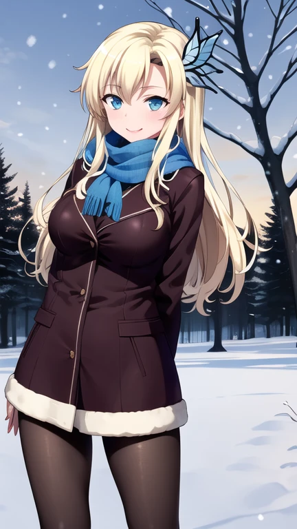 masterpiece, best quality, highres, aasena, long hair, hair ornament, large breasts, winter clothes, scarf, pantyhose, snow, tree, park, smile