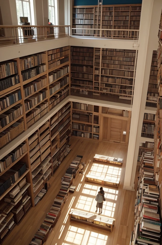 Create a giant library with lots of books on the floor