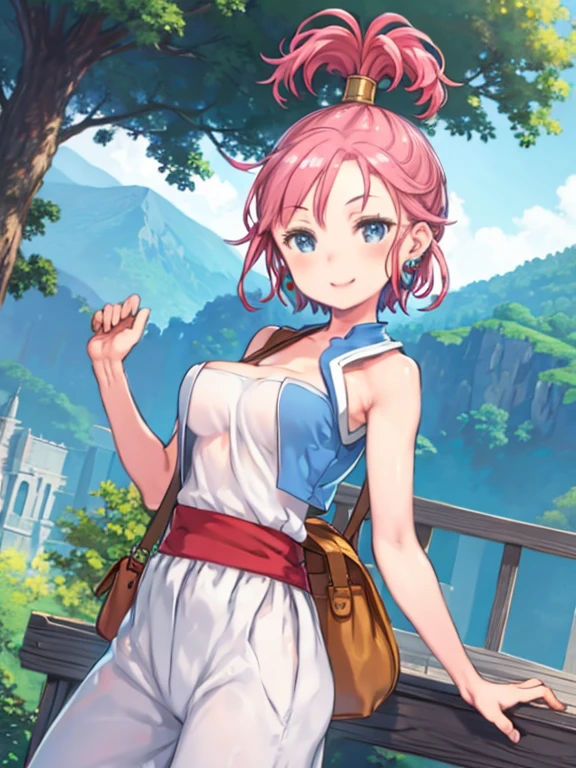 (masterpiece, Highest quality:1.1), merchant (dq3), One girl, alone, short hair, ponytail, Pink Hair, blue eyes, Large Breasts, Cleavage, White Dress, Strapless Dress, ((Blue Vest)), sash, White pants, jewelry, Earrings, bag, smile