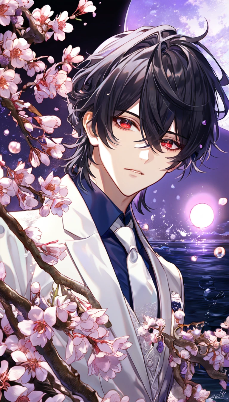 absurdres, highres, ultra detailed, HDR, master piece, best quality, Cadis Etrama Di Raizel, black hair, hair between the eyes, expressive red eyes, Noblesse, sexy man, solo, handsome, white jacket, blue shirt, white necktie, fantasy, purple flowers, blossoms, magical, purple petals, purple moon, water, fireflies