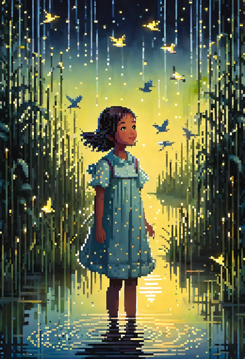 a young girl standing in water, several birds flying and landing around her, fireflies in the night