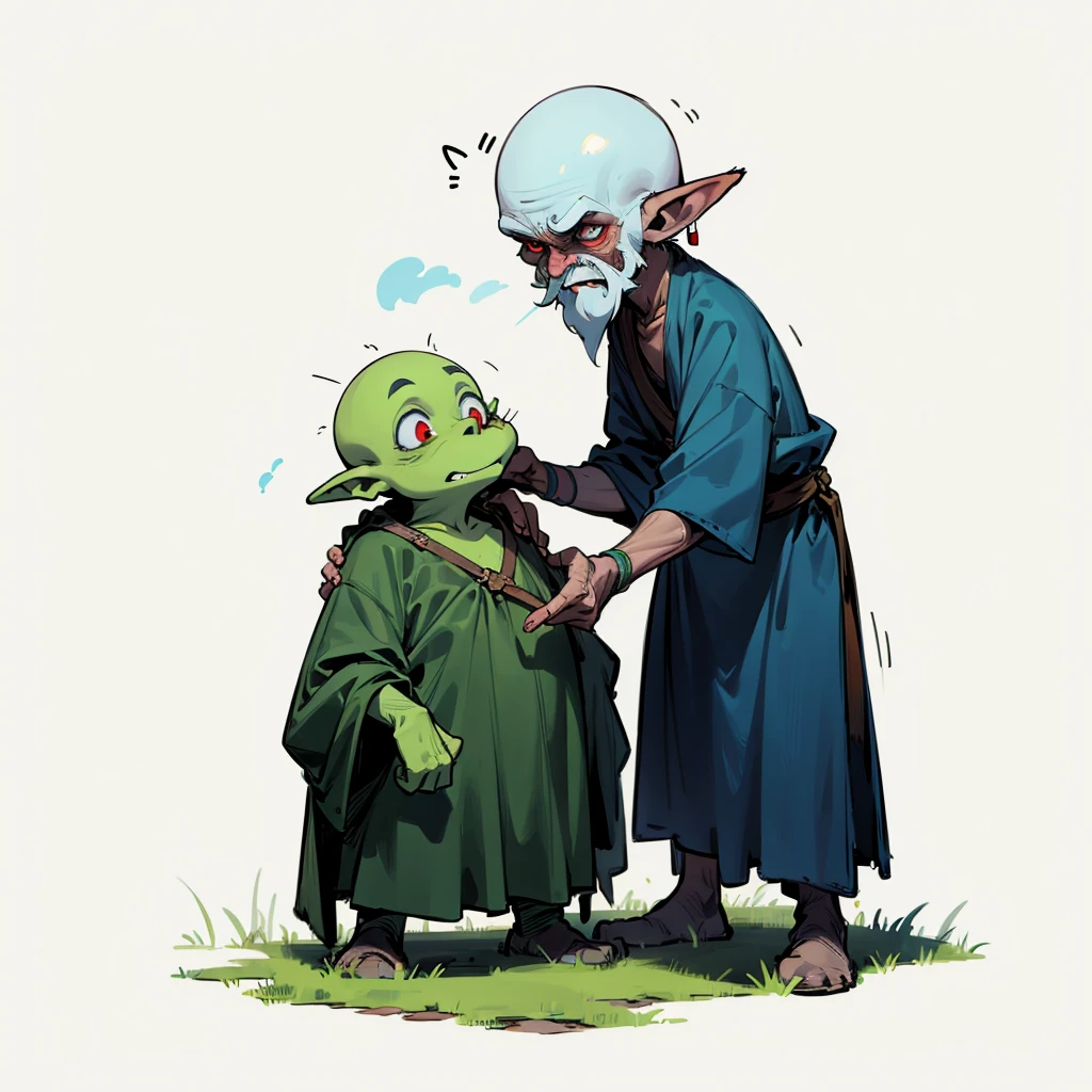 One goblin  plays together with an old dwarf with a long white beard and blue eyes, this one goblin  has green skin, bald hair, red eyes
