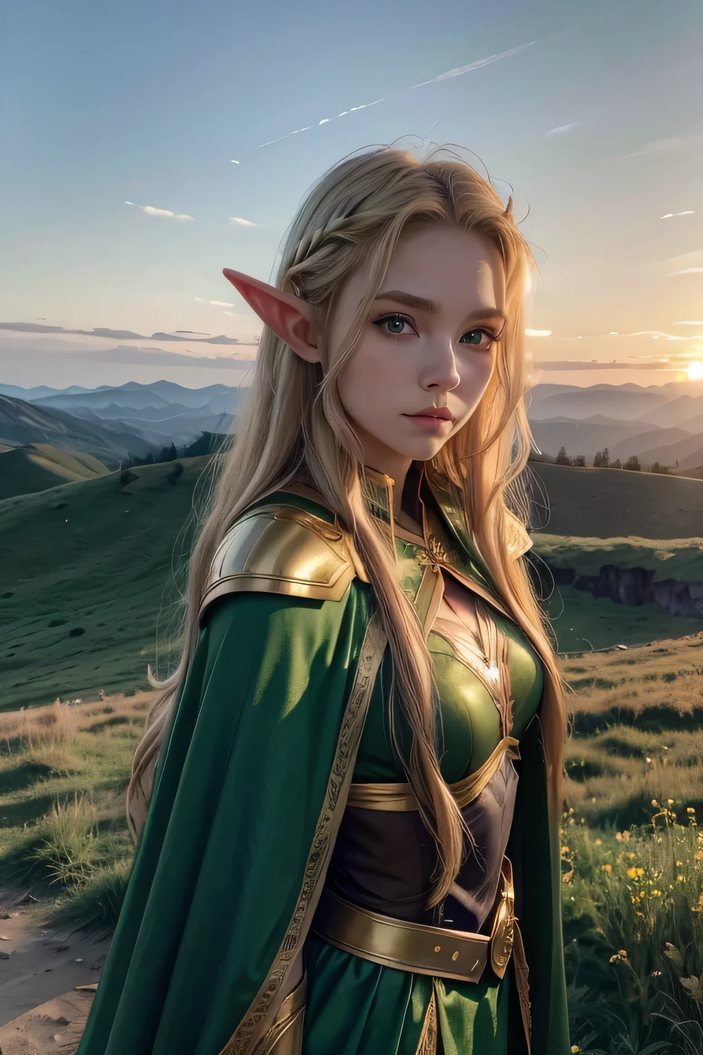 an elf warrior woman, Long wavy blonde hair, greeneyes, green and gold cloak, beautiful landscape in the background, sunset