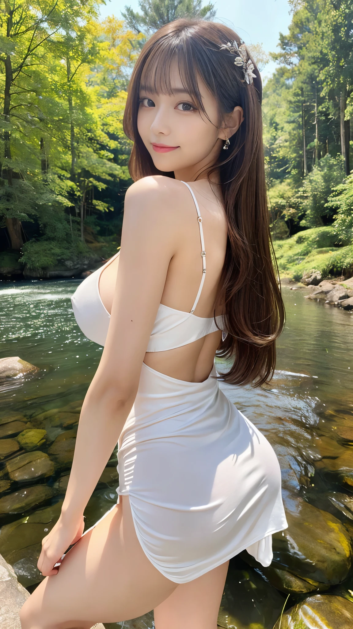(Detailed skin:1.2),(Shiny skin:1.1),8K,Highest quality, masterpiece, Ultra-high resolution,(Realistic:1.4), RAW Photos,(Soft saturation:1.3),(Fair skin:1.2),Japanese Idols,repair,20 years, Light brown hair, (Long Hairstyles:1.2), Asymmetrical Hair, Asymmetrical bangs (Pretty face:1.4), (Large Breasts, Tight waist), Beautiful lighting, Small Head, (Dressed like a goddess:1.3,),Highly detailed face, Highly detailed lips, fine grain, double eyelid,(Full Body Shot), Browsing Caution, (Sharp focus: 1.2), (Perfect Anatomy、Beautiful woman with perfect figure: 1.2)、Exposing cleavage、Random sexy poses,Accentuate your leg lines、Smiling、(Fantastic forest scenery landscape:1.2),(The goddess comes:1.2)