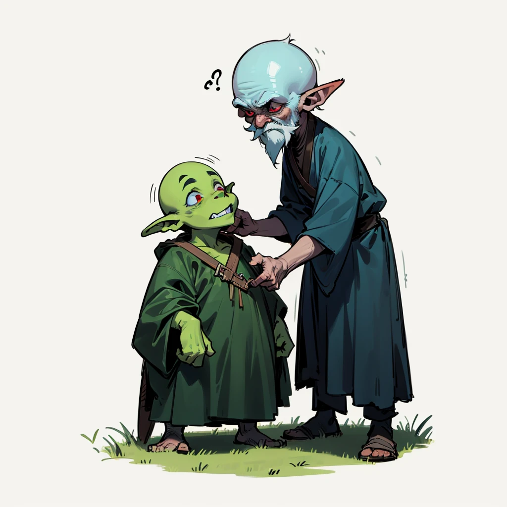 One goblin plays together with an old dwarf with a long white beard and blue eyes, this one goblin has green skin, bald hair, red eyes