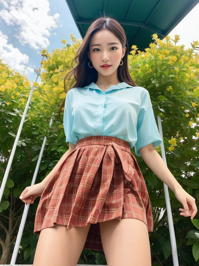 ((Highest quality)), ((8K)), ((masterpiece: 1.3)), (Perfect appearance), (Photorealism: 1.6), (AIF), (JMA), (Upskirt: 1.2), (View from directly below: 1.2), Japanese mature OL, She is wearing a blouse and a flared mini skirt., Mature woman's toned physique, Mature woman is taking a leisurely stroll through the bustling streets of Tokyo, Towering buildings overhead, Strong sunlight, bright, She is smiling gently with the corners of her mouth raised,