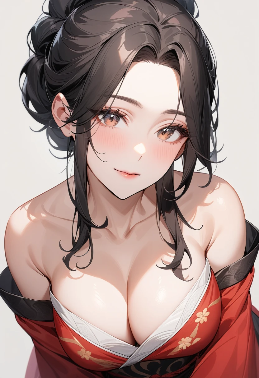 Mature women，Black long hair，Hair up，Red Hanfu，Showing cleavage，Bare shoulders，Extremely detailed，high resolution，Simple background