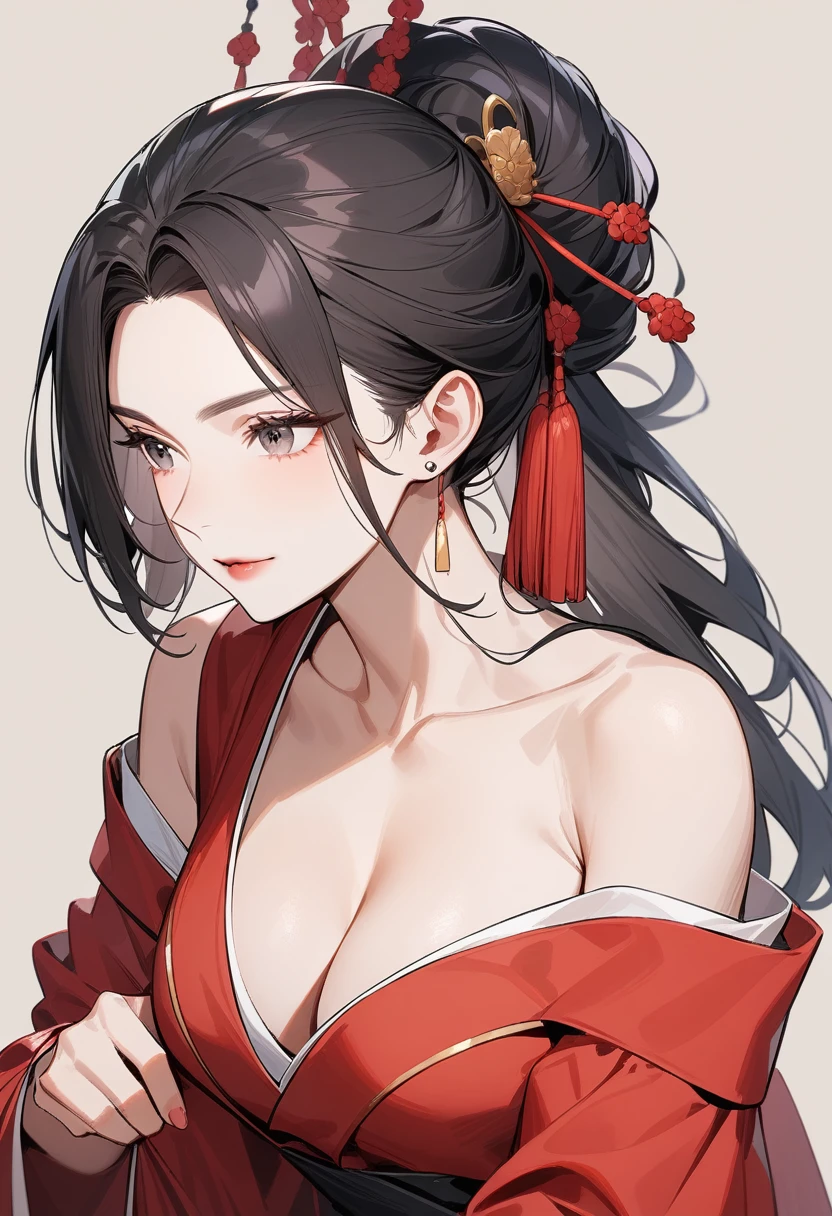 Mature women,Black long hair,Hair up,Red Hanfu,Showing cleavage,Bare shoulders,Extremely detailed,high resolution,Simple background