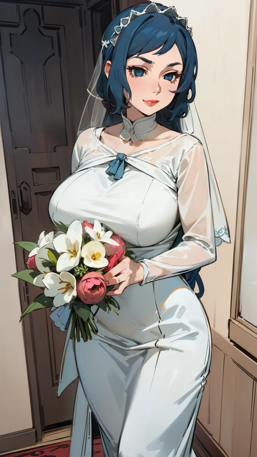 Night time,(Masterpiece), Best Quality, ultra-detailed, 1girl (rinko_iori, Slender and sexy body, big and pretty breasts, dark blue hair, long wave hair, blue eyes, empty eye, half-closed eyes), evil face, smirk ,parted lips, mascara, full makeup, red lipstick, facing viewer, looking at viewer, solo, white wedding dress, ornate dress, long dress, bows, white veil,bouquet grab , bows, in the livingroom, standing, , Frontal Shots ,