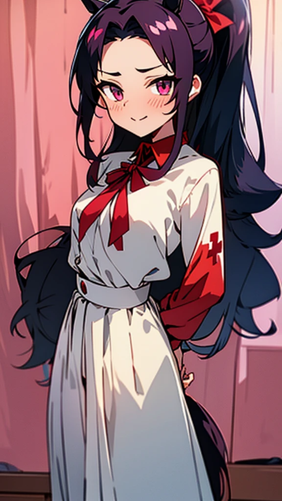 high tail hairstyle, Horse tail, Long wavy black hair, standing posing, anime girl style, pixel art anime style,penetrating look with deep eyes,red and purple eyes, hair with a ponytail hairstyle caught with a red bow, Women, hair clips red cross lines on the right side of her red hair, black hat, short white shirt, smiling face blush, standing in his bedroom, next to his bed