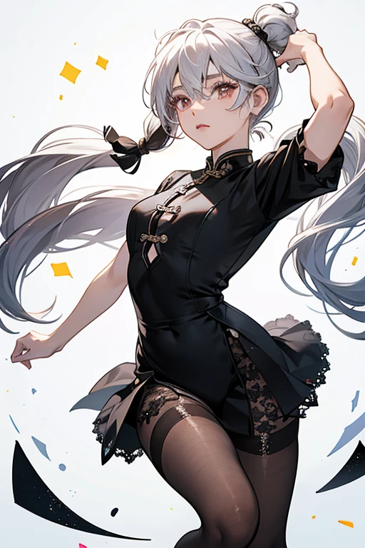Yang Q.T. has black and white hair in two adorable pigtails, she has brown skin and eyes, she has a Yang on her left arm and is wearing a black and mostly white dress with holes and a black ribbon in the middle, she is also wearing lace tights and black ballet flats. She wears a black and white leotard-like outfit underneath, and has the Chinese character for "yang" on her back which is barely visible. SPARKLE; GLITTER