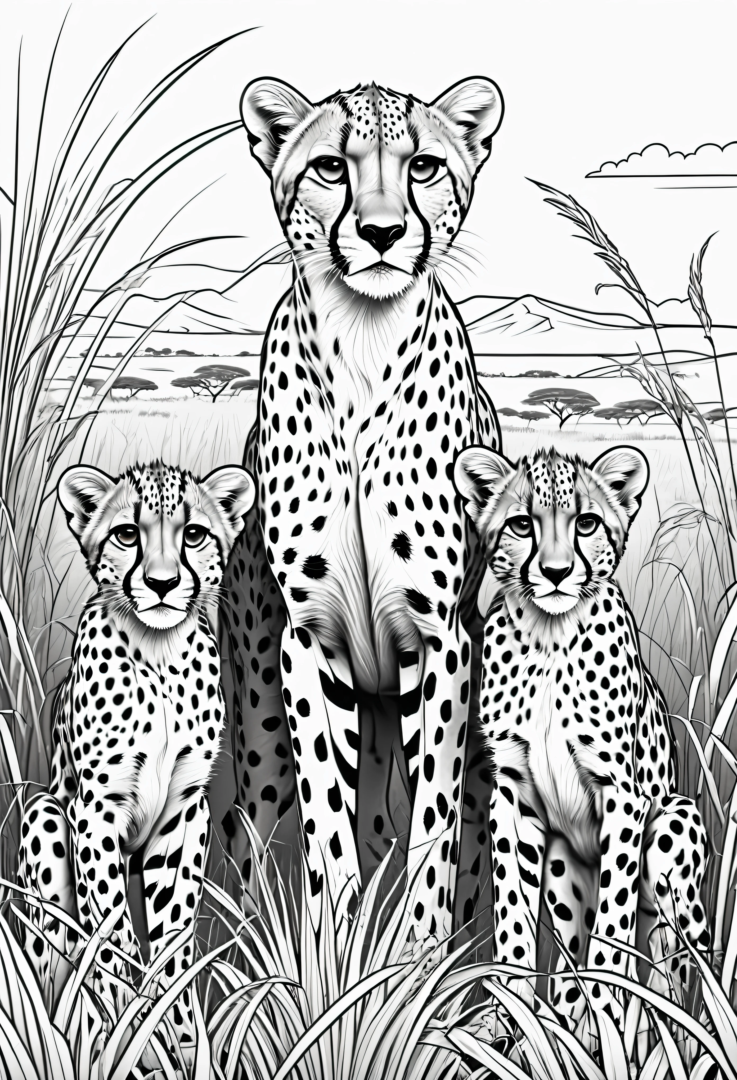 Coloring page for kids, cheetah with 2 cheetah cubs in the grassy highlands of Africa with many bushes, cartoon style, linhas grossas