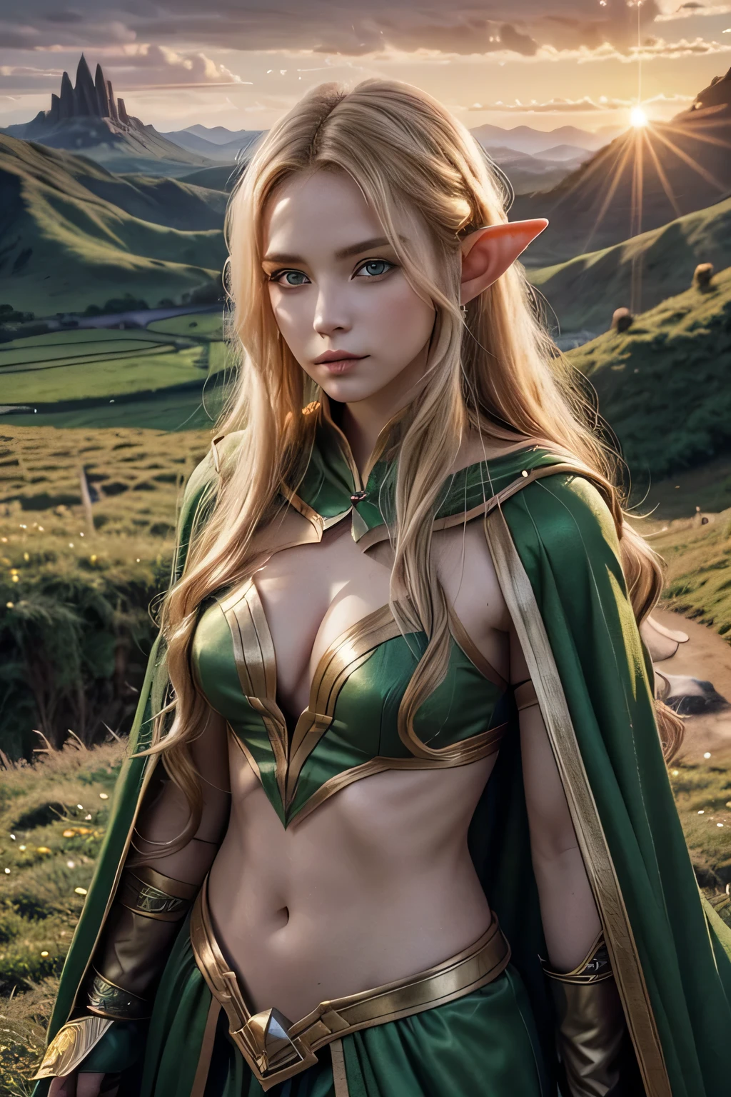 an elf warrior woman, Long wavy blonde hair, greeneyes, green and gold cloak, beautiful landscape in the background, sunset