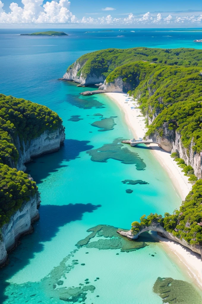 create_scene --location "beautiful island with crystal clear waters" --climate "calm day with few clouds" --elements "colorful birds"
