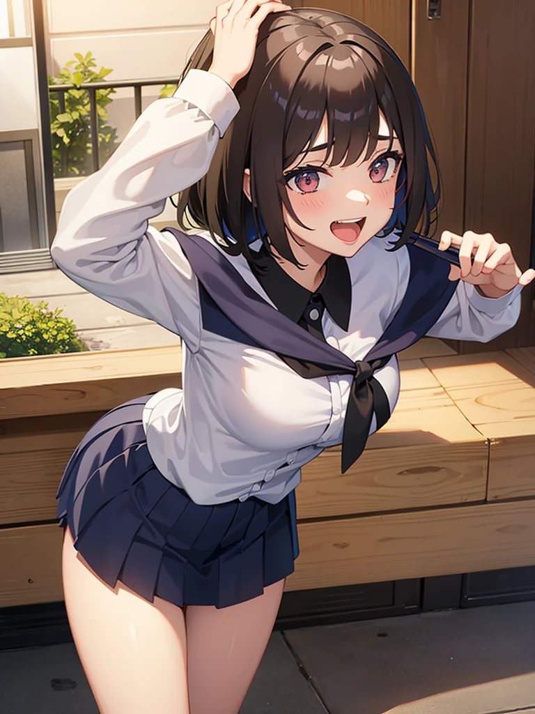 A female high school student rubbing her breasts and laughing