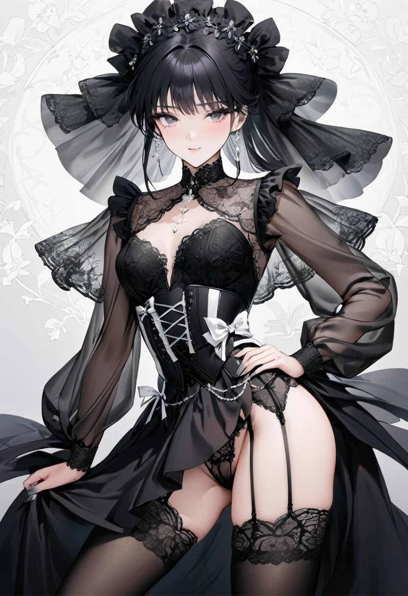 ((Top quality, masterpiece, freak, super resolution)), 1 girl, Japanese model,,Smooth black hair,The woman wears a bodysuit-style covering (corset dress) from the chest to the hips. The neckline is a deep V-cut with straps and the skirt is decorated with short tulle frills. The corset also has a garter belt. ((Base colour is white with black transparent lace on the front)). The front centre of the corset is decorated with delicate black floral lace and a white ribbon. The skirt is ruffled with transparent tulle and is light. The stockings are also black lace. The contrast between black and white is beautiful and the delicate lace and tulle details emphasise the elegant and sexy atmosphere.

