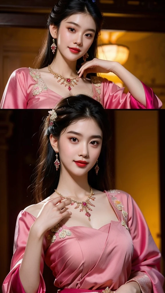 ((masterpiece)),upper body : lady Nang Kwak, Thai girl in a traditional Thai dress, magenta, with a fine pattern. ,Beautiful smile, Take a walk and admire beautiful, colorful flowers. ,The face is beautiful, sharp and realistic., Big, beautiful breasts, Hip fart,Wear luxurious ruby gemstone jewelry.,Professional Poses, Eyes on the audience,realistic 8K,