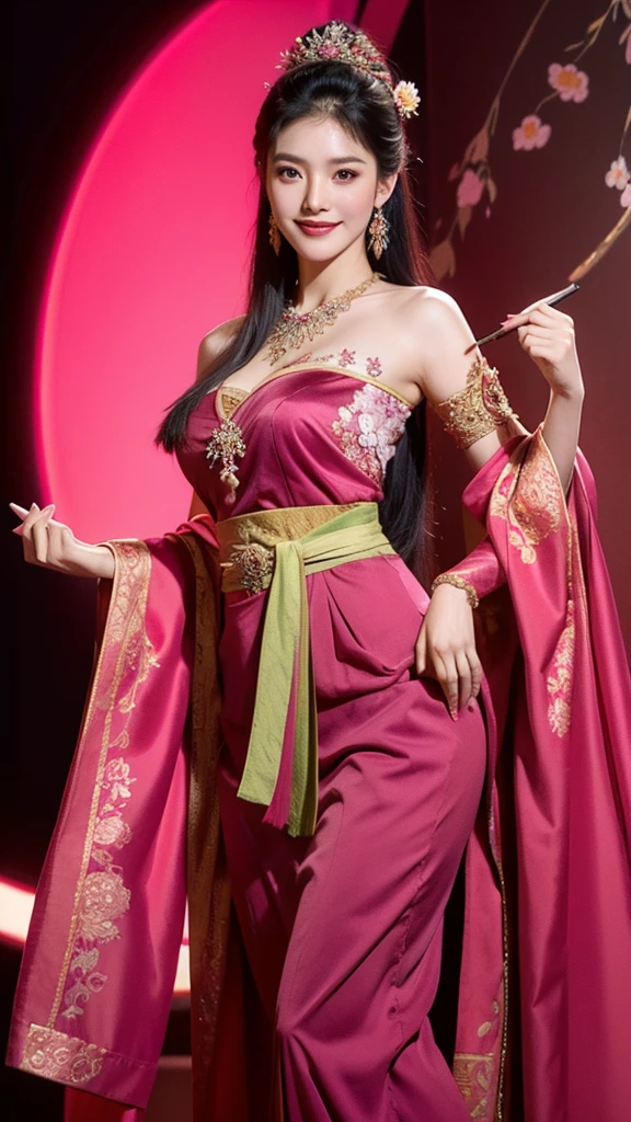 ((masterpiece)),upper body : lady Nang Kwak, Thai girl in a traditional Thai dress, magenta, with a fine pattern. ,Beautiful smile, Take a walk and admire beautiful, colorful flowers. ,The face is beautiful, sharp and realistic., Big, beautiful breasts, Hip fart,Wear luxurious ruby gemstone jewelry.,Professional Poses, Eyes on the audience,realistic 8K,