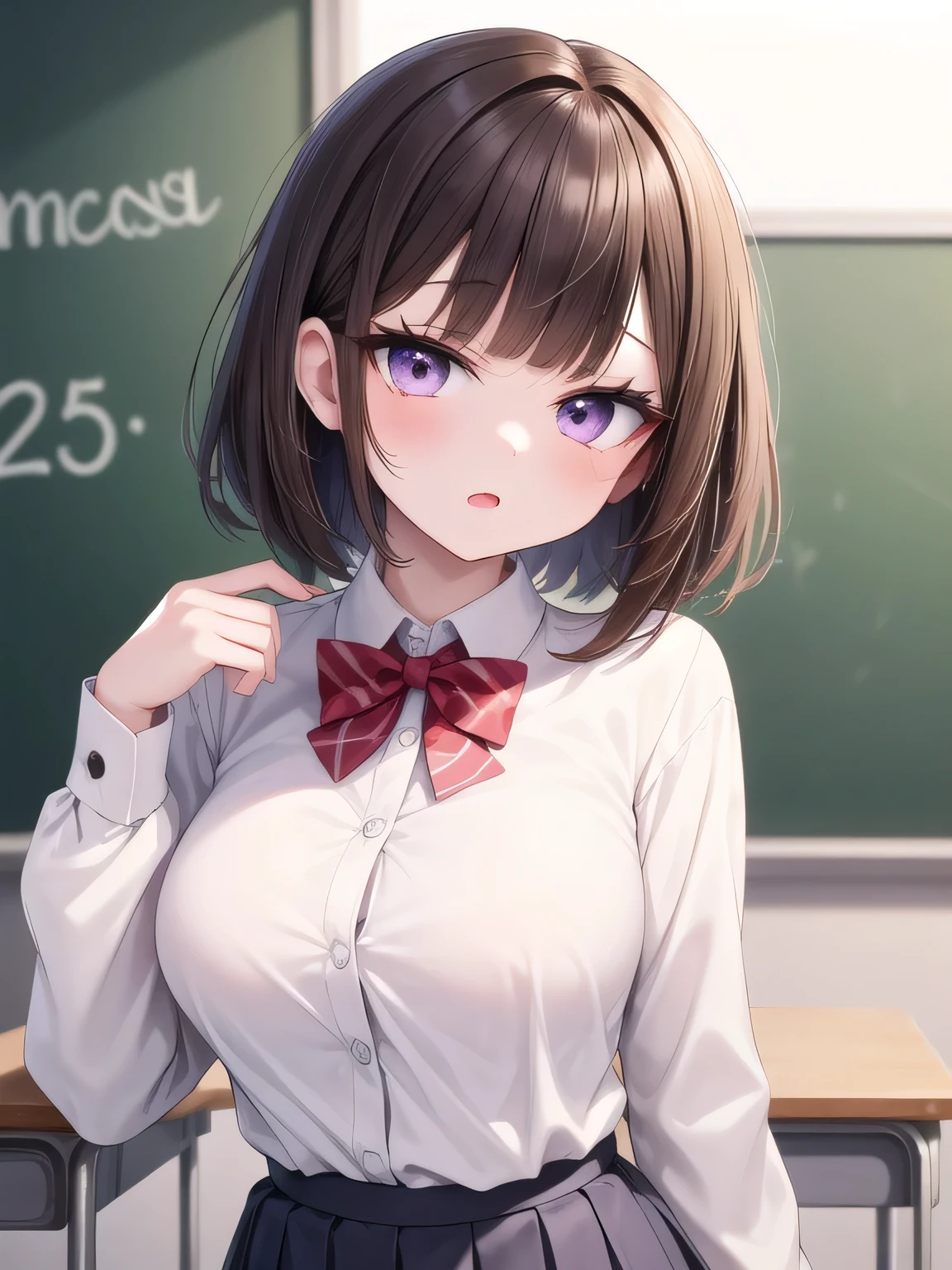solo girl, 20 years old,blunt bangs,very short hair,brown hair,purple eyes, medium breast,laugh,head tilt,long sleeves shirts,red bowtie,pleated skirt,classroom,insanely detailed, absurdres, ultra-highres, ultra-detailed, best quality, slender, kawaii, perfect symmetrical face, ultra cute girl, ultra cute face, ultra detailed eyes, ultra detailed hair, ultra cute, ultra beautiful,masterpiece,incredibly absurdres,high detail eyes