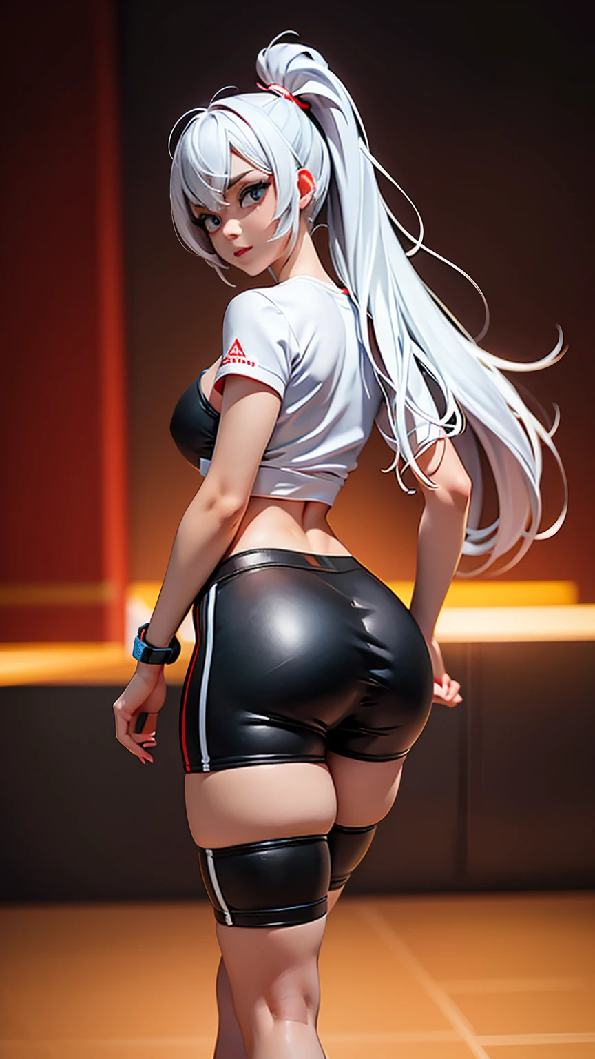 One girl, short t-shirt, leggings, nike sneakers, big ass, perfect breast, slim, cute, sexy, very detailed, exquisite lighting and composition, , 8k, sharp, highly detailed, high resolution, looking back