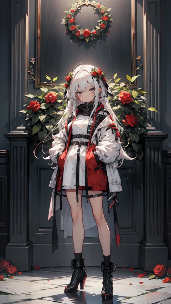 1 woman in a red dress and black heels standing in front of a wreath of red roses, hand in pocket, white hair deity, High quality anime image of a cute girl., anime girl with long hair, perfect white hair anime girl, anime girl gothic maiden, high quality anime art style., animated style, cute anime waifu with a beautiful dress, Red suit, beautiful anime art, de arknights