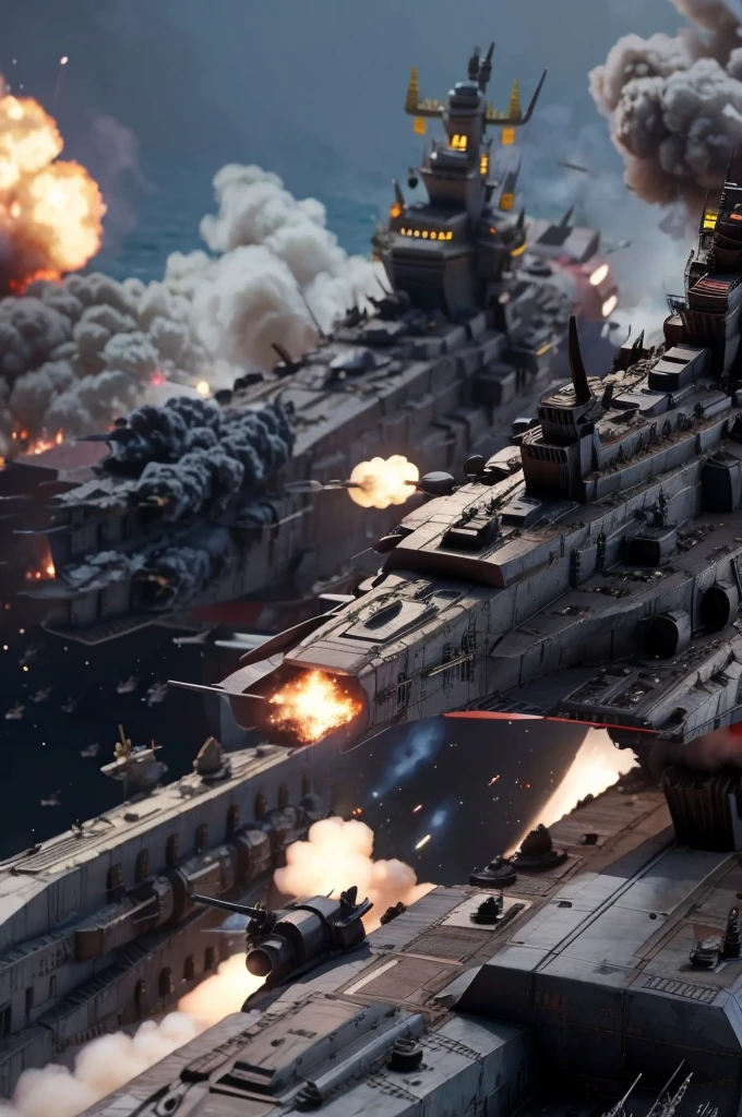 a swarm of missiles slamming into the side of a battleship that is venting explosions and fire, masterpiece, best, photo realistic ship combat