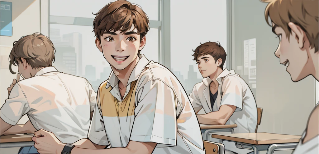16 year old boy, brown hair, brown eyes, he is talking and smiling mischievously, he is going to escape from school.