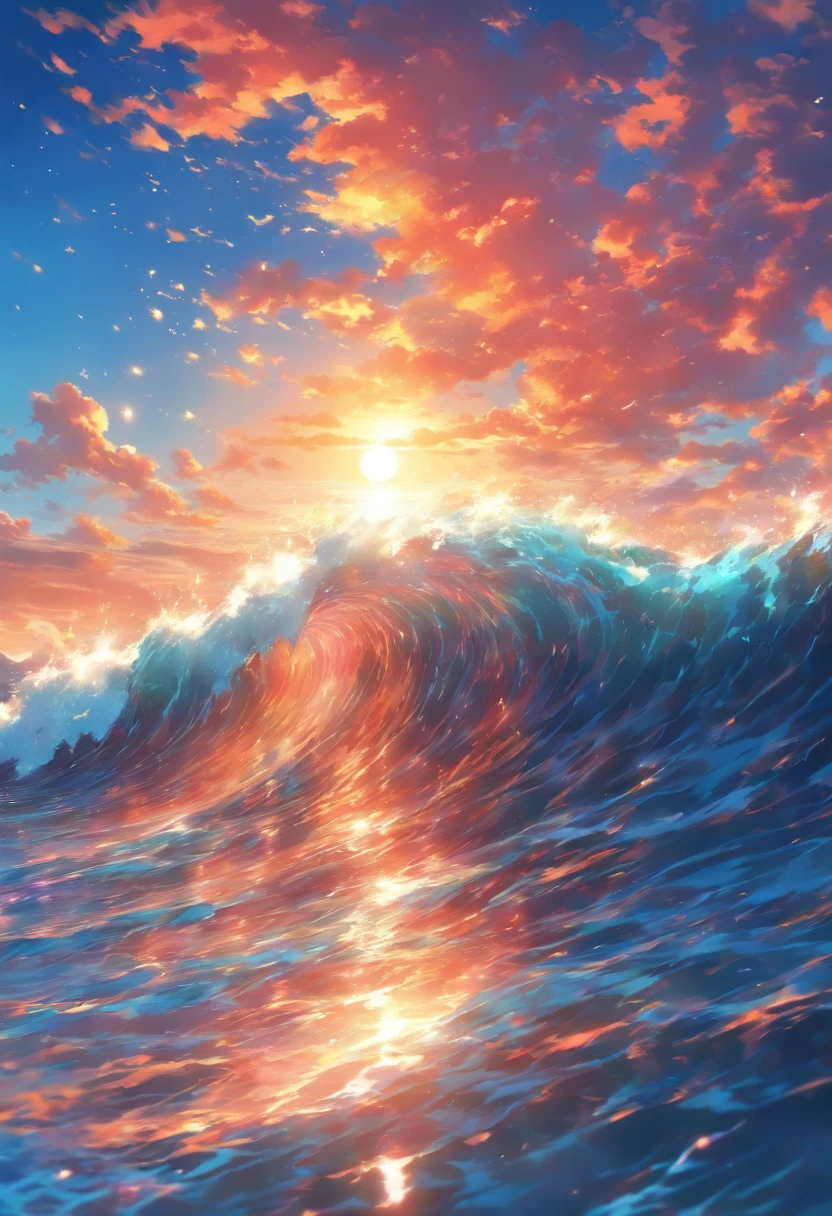 (best quality, ultra-detailed, masterpiece:1.2), vibrant colors, serene atmosphere, calm waves, gentle ripples, sparkling sunlight, tranquil sea surface, deep blue hues, vastness, no boundaries, endless horizon