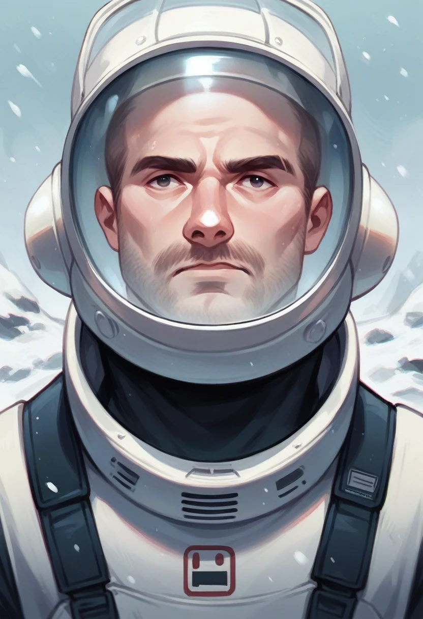 A man dressed in an astronaut suit facing the camera in the snow. 