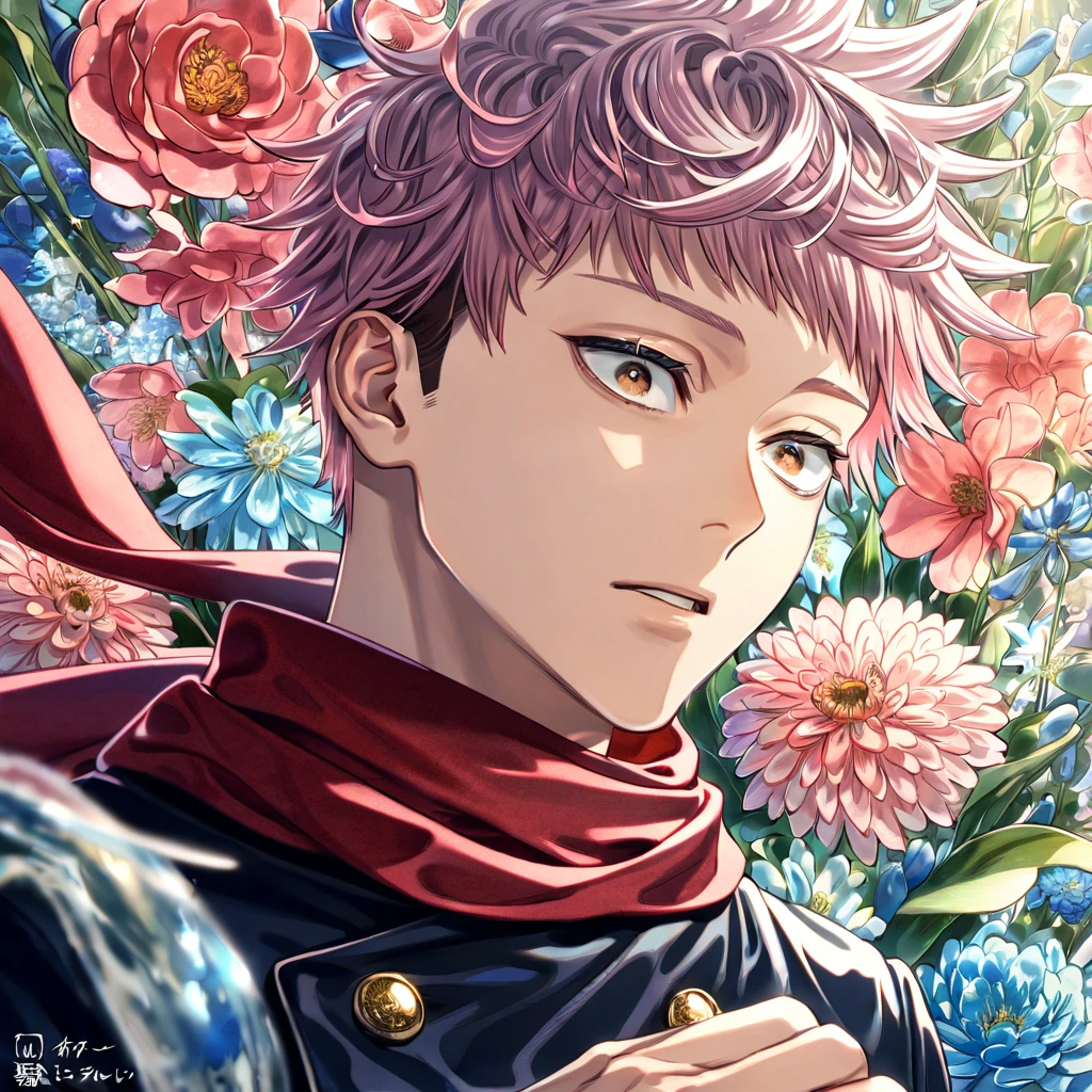 absurdres, highres, ultra detailed, HDR, master piece, Itadori Yuji, pink hair, short bangs, expressive brown eyes, black shirt, red scarf, Jujutsu Kaisen, man, handsome, best quality, blue moon, flowers, fantasy, magical, solo, water, blue shining fireflies, blue petals, Jujutsu Kaisen uniform