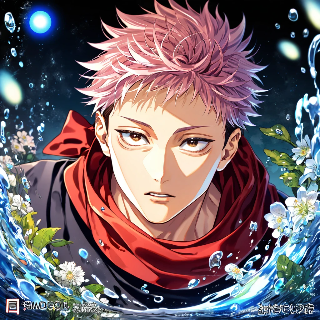 absurdres, highres, ultra detailed, HDR, master piece, Itadori Yuji, pink hair, short bangs, expressive brown eyes, black shirt, red scarf, Jujutsu Kaisen, man, handsome, best quality, blue moon, flowers, fantasy, magical, solo, water, blue shining fireflies, blue petals, Jujutsu Kaisen uniform