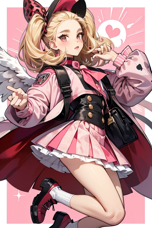 she has light skin, brown eyes, light brown eyebrows, pink blush, pink lipstick, blonde shoulder length hair with black barettes, white socks, a red coat with black leopard print and cuffs, a red skirt with a black pearl pattern, and red high tops with black soles. She also comes with a white pacifier and a black backpack with white wings. SPARKLE; GLITTER