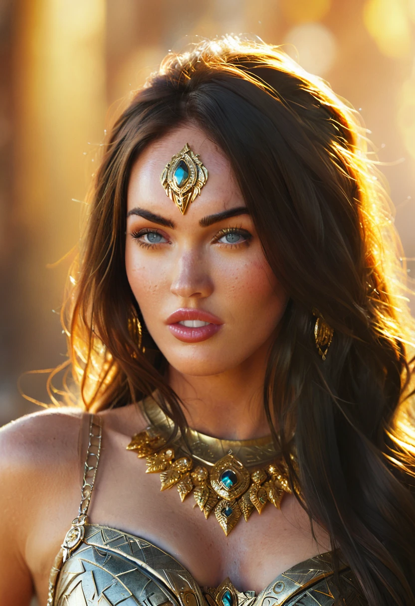 hyper realistic, full body, ultra detailed photograph of a barbarian woman, ((Megan Fox:1.25)), golden jewelry, shiny, sunlight fractal details, (Anna Steinbauer:1.5), depth of field, HOF, hall of fame, detailed gorgeous face, apocalyptic environment, natural body posture, professional photographer, captured with professional DSLR camera, trending on Artstation, 64k, ultra detailed, ultra accurate detailed, bokeh lighting, surrealism, Thomas Kinkade background, urban, ultra unreal engine, ((Pauline Voß)), ((Pascal Quidault)), ((Anna Helme)), Martina Fackova, intricate, epic, freckles, peach fuzz, detailed mascara