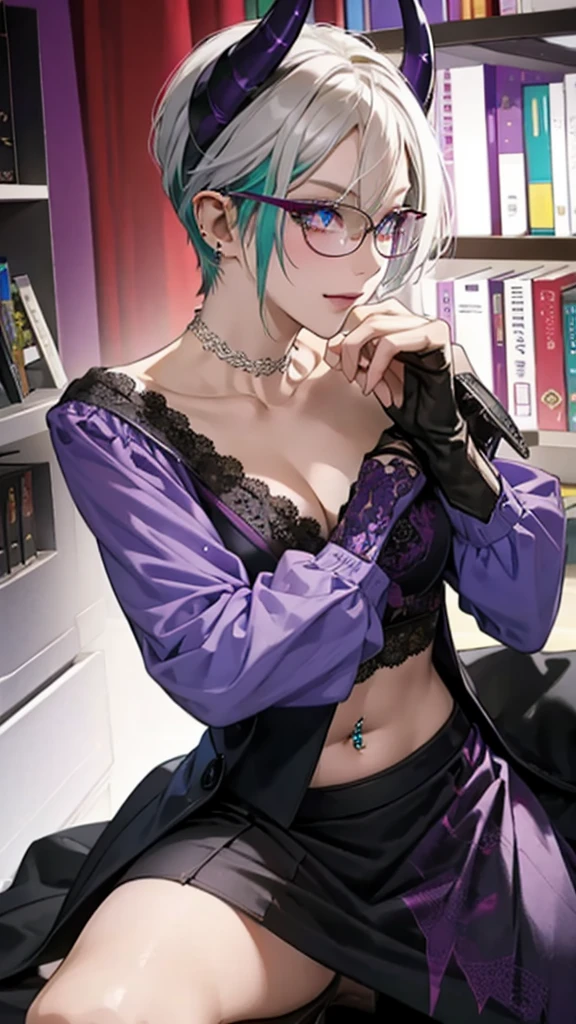 8k, masterpiece, best quality, highly detailed, 1 girl, tiefling, warlock, multicolored hair, very short straight hair green highlight hair on white hair, strippled hair, wearing glasses, round glasses, earrings, red eyeshadow, long eyelashes,navel piercing, blushed cheek, necklace, collarbone, high heels, mole, glamorous, purple and teal clothing, villainy, smirk, seductive face, fullbody view, rings, looking at viewer, sitting on desk, demon horns, solo, hand touching cheek, library, black lace gloves, holding book, miniskirt.