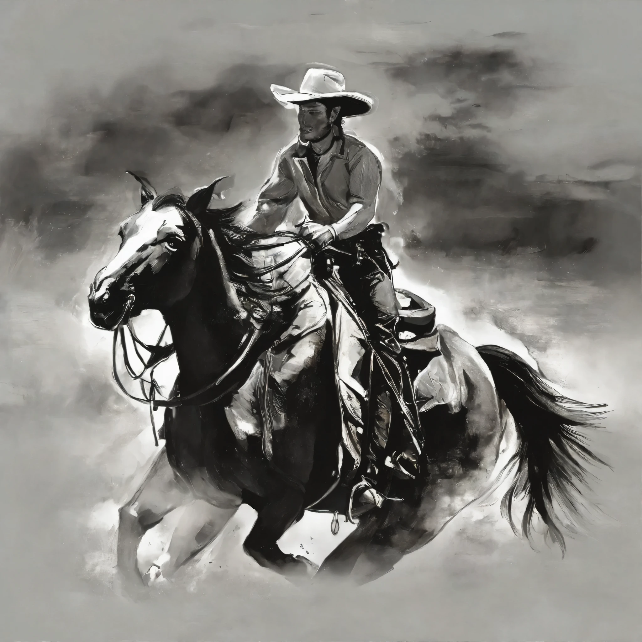 A cowboy riding a horse, black and white, 2d