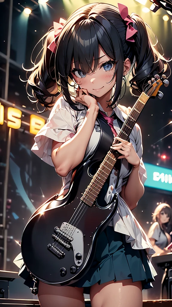 Girl rock band duo、Two Girls、Electric guitar、base、Black hair twin tails、レボリューションイエローの福岡ソフトバンクホークスのbaseボールキャップを被っている。レボリューションイエローの福岡ソフトバンクホークスのbaseボールシャツ、sing、play、rhythm、beat、dance、dance、refreshing、Speed、live house、illumination、
