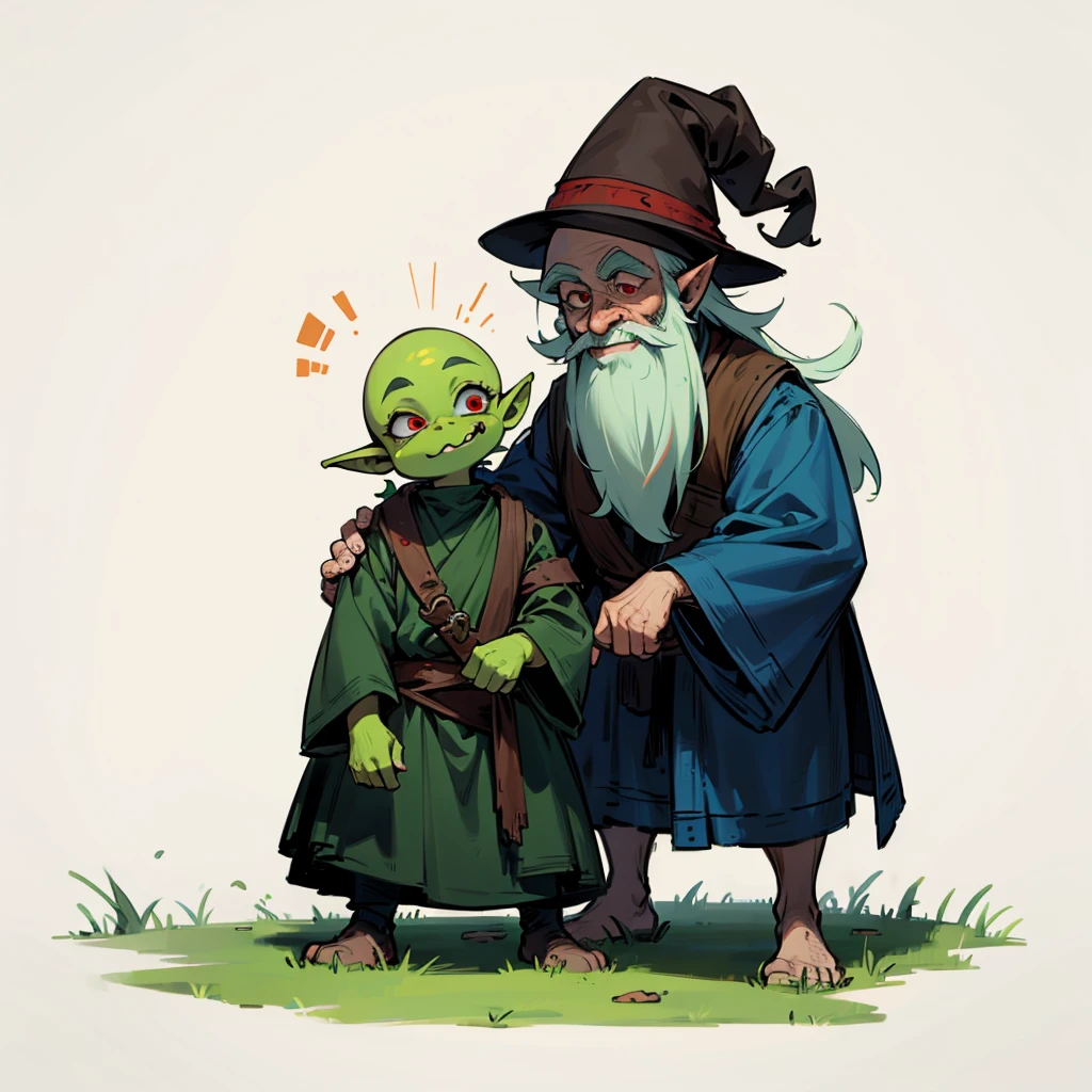 One goblin plays together with an old dwarf with a long white beard and blue eyes, this one goblin has green skin, bald hair, red eyes